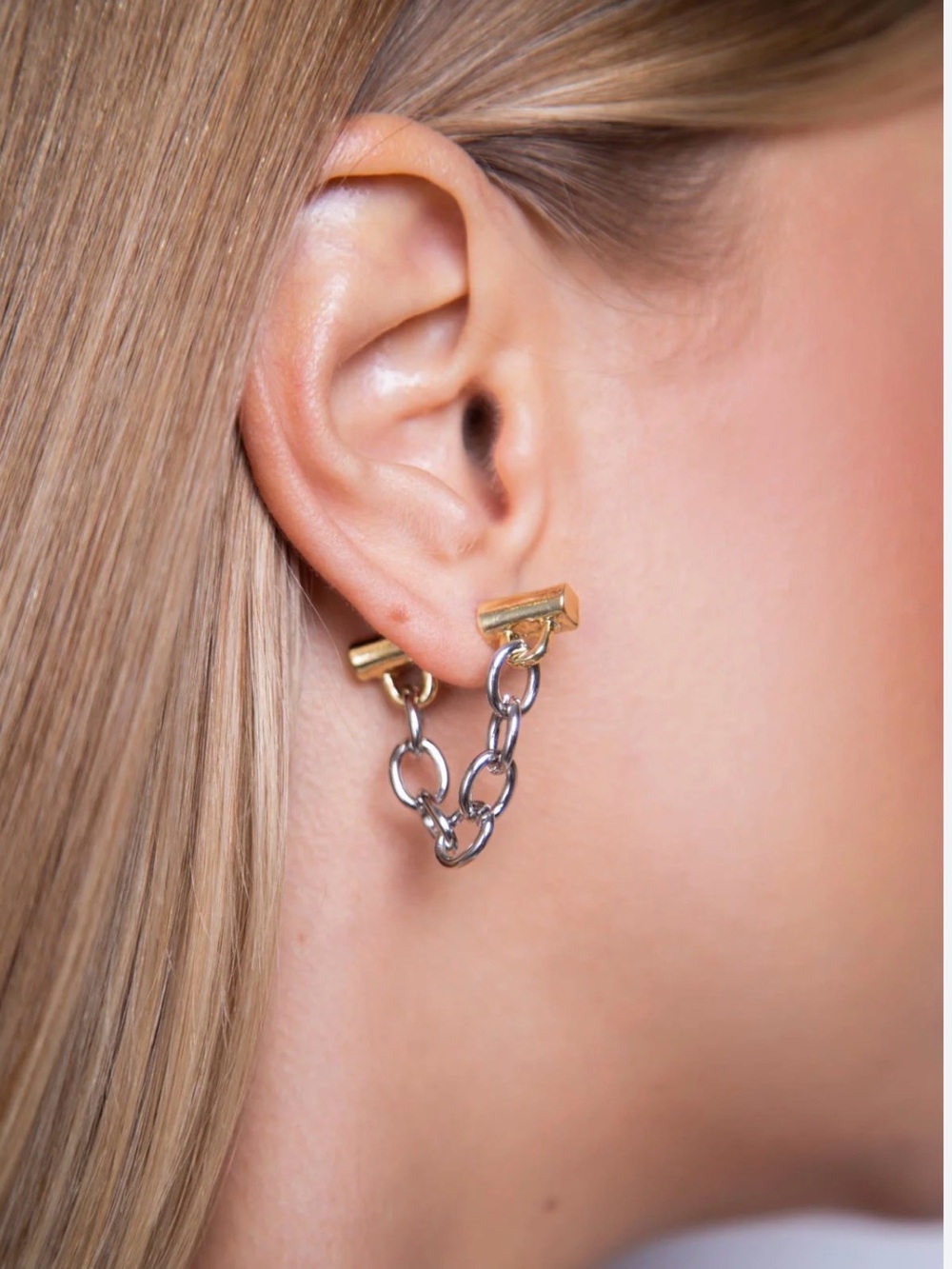 Two-Tone Chain Link Stud Earrings — Gold & Silver